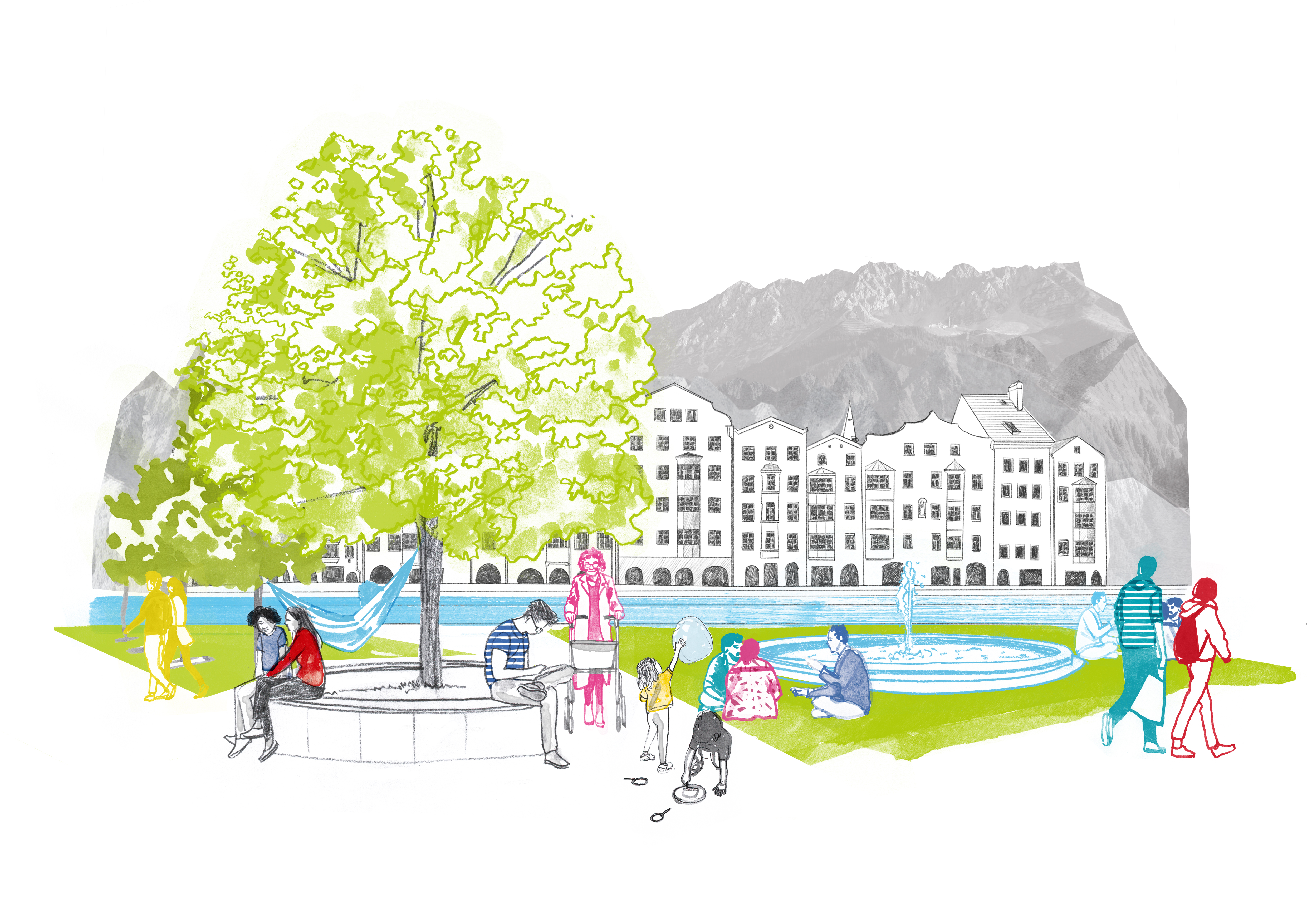 Symbolbild gezeichnet: Personen sitzen, stehen und gehen in einem Park mit Wasser, Wiese, Bäumen. Berge im Hintergrund.