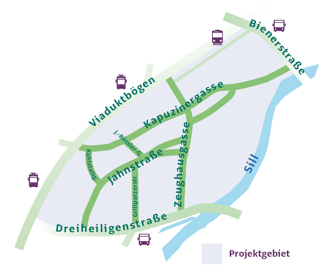 Plan als Übersicht über das Gebiet in Dreiheiligen, das zu dem Superblock gehört. Grenzen sind die Dreiheiligenstraße, die Viaduktbögen, die Bienerstraße und die Sill. Das Projektgebiet liegt innerhalb.