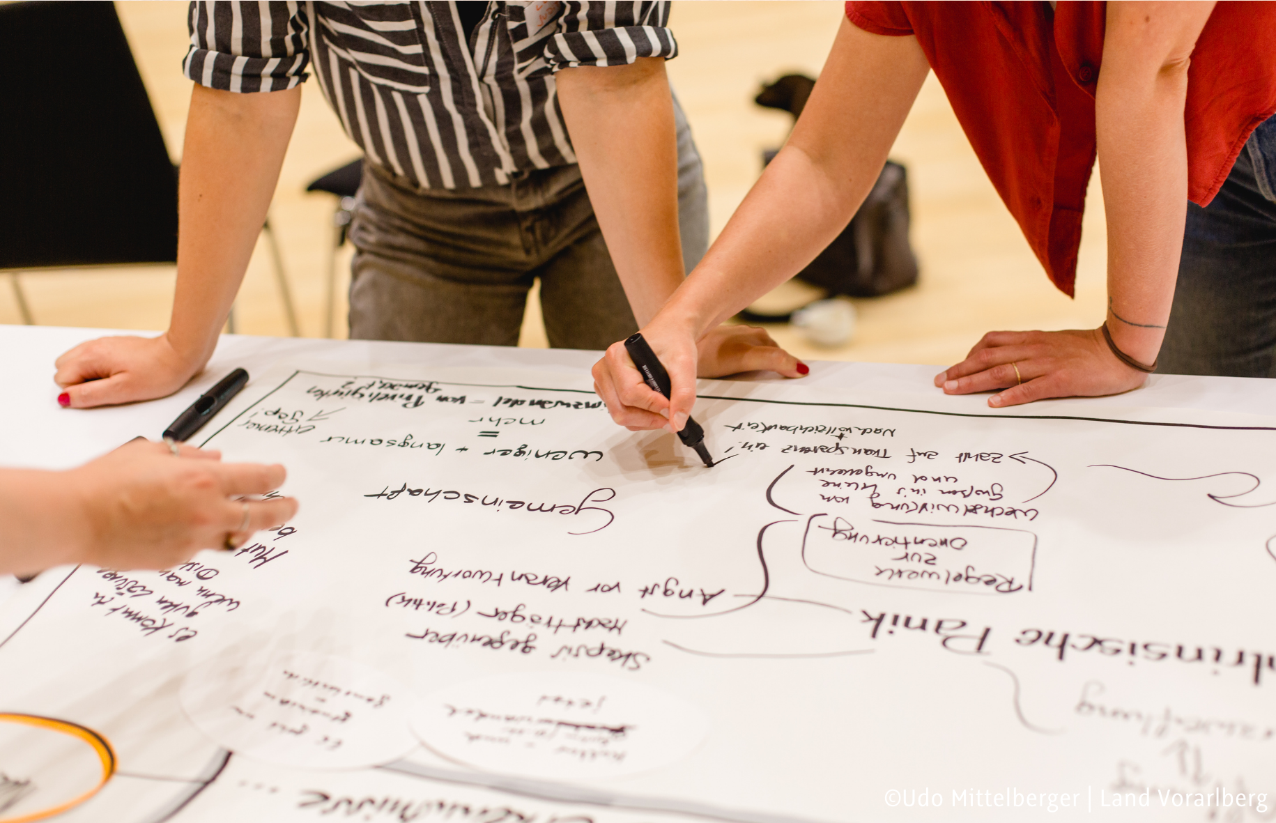 Nahhaufnahme von drei Personen die auf ein großes Flipchart schreiben.  ©Udo Mittelberger | Land Vorarlberg