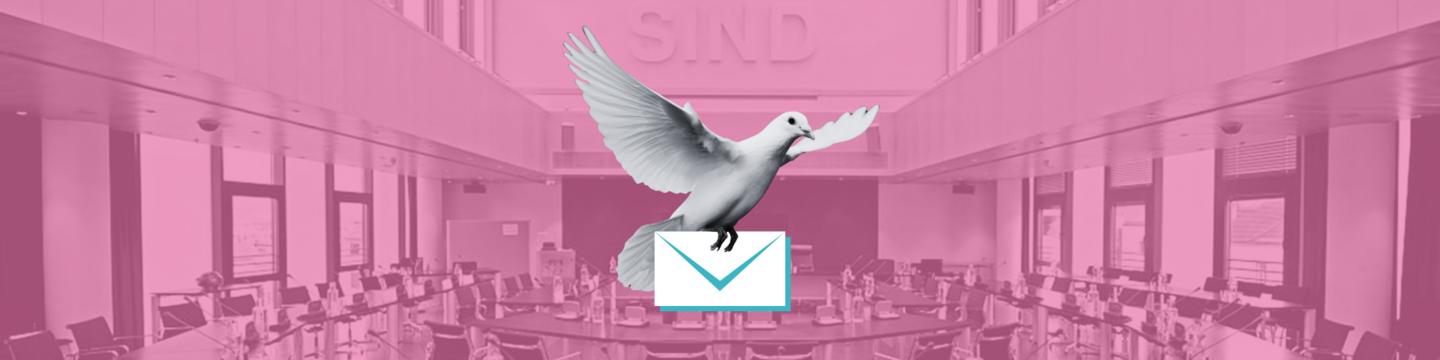 Foto des Plenarsaals mit einer Taube, die einen Brief hält