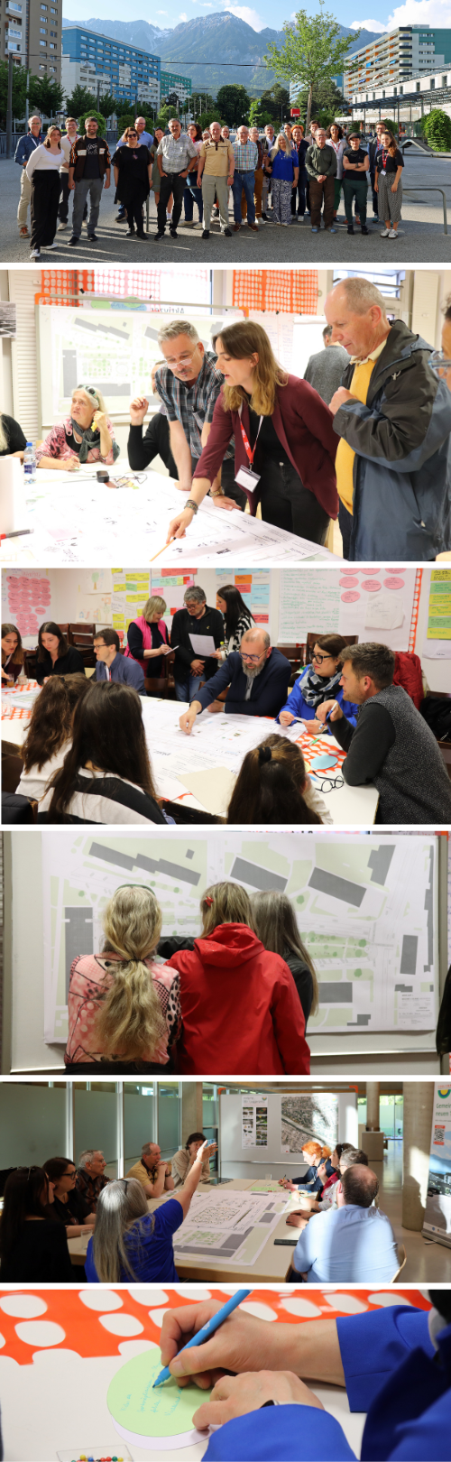 1: Planungsteam auf dem Platz; 2: Menschen, die an einem Stadtplan diskutieren; 3: Menschen die an einem Stadtplan diskutieren; 4: Menschen, die sich einen Stadtplan ansehen; 5: ein Gruppentisch mit Diskussion; 6: Eine Hand schreibt etwas auf ein buntes Kärtchen