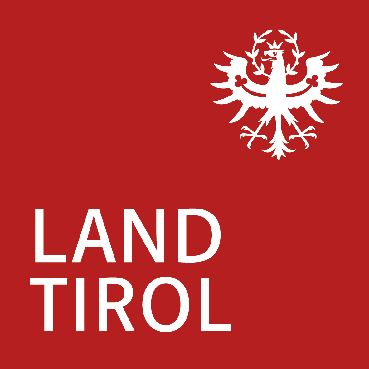 Rotes Logo mit Land Tirol Schriftzug und Land Tirol Adler