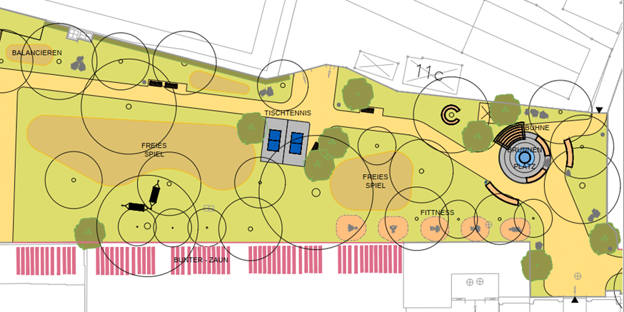 2. Detailplan: große Wiese, Tischtennistische, Fitnessgeräte, neue Wegeführung, Brunnenplatz und Bühne/Liegefläche