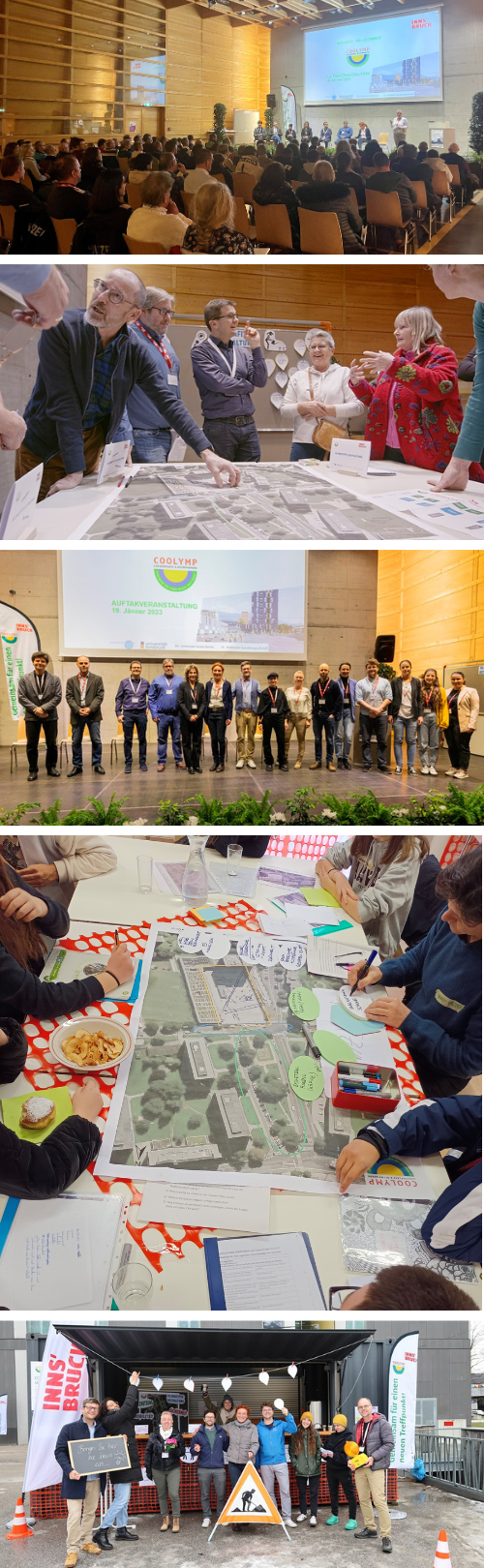 1-3: Fotos der Auftaktveranstaltung in einem Saal mit vielen Menschen und einer Bühne, mit Personen die an einem Tisch über einen Plan sprechen, mit dem Projektteam auf der Bühne; 4: Jugendliche die auf einen Stadtplan Notizen heften; 5: Das Projektteam vor dem Container des Ideenstands
