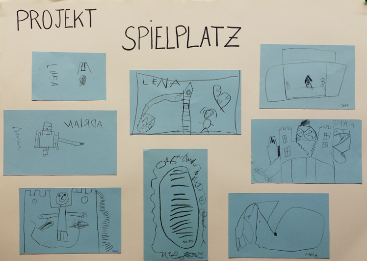 Notizen und Zeichnungen der Kinder des Kindergartens Innerkoflerstraße zur Spielplatzgestaltung