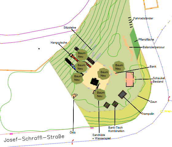 Gezeichneter Plan des umgestalteten Spielplatz Wasserwerk Mühlau 