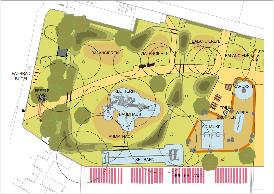 1. Detailplan: Pumptrack, Baumhaus, Balanciergeräte, Spielgeräte, Trinkbrunnen, Bank-Tisch-Kombination und bunter Zaun