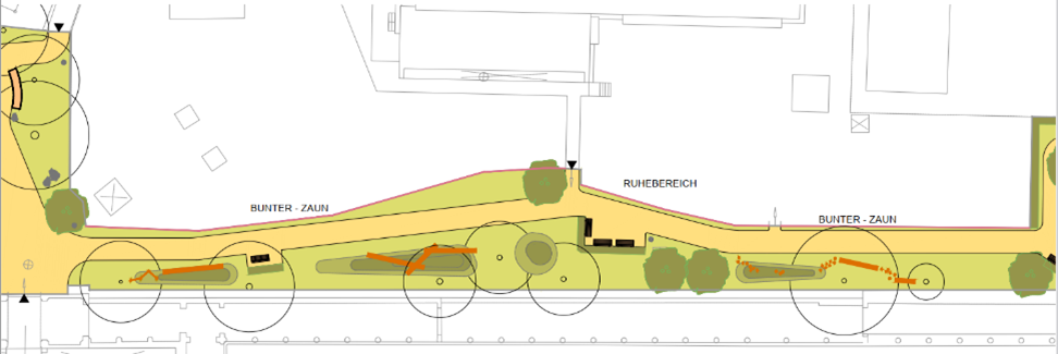 3. Detailplan: Balanciergeräte, Sitzmöglichkeiten und ein bunter Zaun
